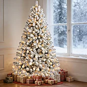 7ft Snow-Flocked Artificial Christmas Tree, LED pre-lit Holiday Xmas Tree for Home Office Party Decoration with 1100 PE&amp;PVC Hinged Branch Tips and 400 Warm White Lights, Foldable Stand