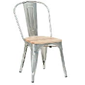 Bistro Style Metal Chair in Silver Finish and Natural Wood Seat