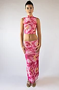 Abstract Lily Print Mesh Slip Skirt