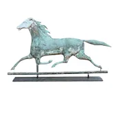 SOLD- Late 19th - Early 20th Century Copper Running Horse Weathervane, with Cast Zinc Head, and Green Verdigris Patina, on Custom Steel Stand — Wolf Hall Antiques