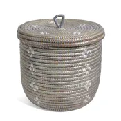 African Fair Trade Flowers Hand Woven Lidded Basket, Silver/White
