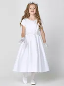 185 Girls White Satin First Communion Dress w/ Silver Corded Trim