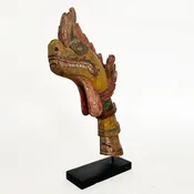 Dragon head Finial, hand carved, Burmese, on iron stand, Early 20th century