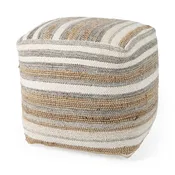 Aahana White/Taupe/Gray Striped Hemp and Cotton Pouf