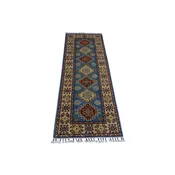 Afghan Blue Kazak Runner Hand-Knotted Wool Pile Cotton Foundation