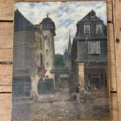 1800s Unframed Oil on Canvas - Village Scene