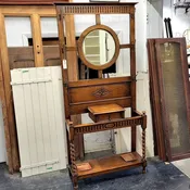 Antique Oak Hall Tree w/ Beveled Round Mirror — Architectural Salvage