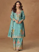 Aqua Simar Silk Ethnic Motifs Embroidered Palazzo