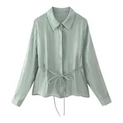 Button Down Belted Collared Blouse