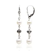 Dangle Pearl Earrings with Black Swarovski Crystal | Genuine Cultured Pearls
