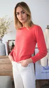 Cashmere Puff Sleeve Crewneck Sweater - Coral