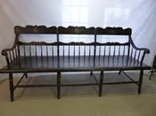 circa 1840 paint decorated one plank seat Windsor bench 6 fee long 22 inches deep very nice