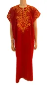 1970s Unisex Morrocan Red Embroidered Kaftan w/ Chain Stitching