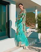 Aqua Bloom Fringed Satin Kaftan Dress