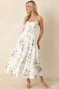 A Dash of Sunshine White Multi Floral Print Bow Accent Strap Midi Dress