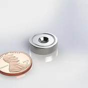 CUPT188E-136-82-N42 ~ Neodymium Cup Magnet with 0.242" Countersunk Hole | 5/8" Dia | 3/16" Thick | Ni-Cu-Ni Plated | Grade N42 | NdFeB | Axially Magnetized through the Thickness | Countersink on North polarity | Uses #4 Screw with 82° Countersink