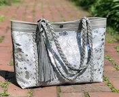 Silver cowhide leather tote, Boho bag, Large work and travel computer bag