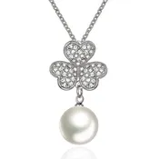 18K White Gold Plated Pave Lucky Clover with Imitation Pearl Necklace
