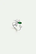 Bague ajustable argentée fleur d'orchidée et pierres blanches et verte