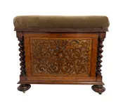 19th Century Rosewood and Mahogany Barley Twist Lift Top Bench, Resting on Cap Feet with Brass Casters.  Three Sides are Detailed with Intricate Scroll Work Relief Work. — White Barn Antiques