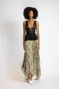 Marble And Organza Pleated Skirt With Asymmetrical Hem