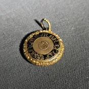 Lot 003 - Antique Mourning Pendant with Black Enamel "In Memory of" Inscription, Engraved Monogram, and Hair Compartment, 1" W
