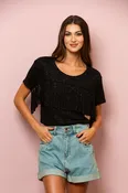 100% Linen T-Shirt with Fringe W/ Sparkles In Black