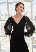Long Sleeve Draped Metallic Knit Evening Gown Black Size 14