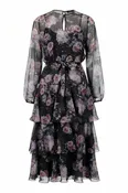Mikael Aghal Black Floral Tiered Midi Dress – Long Sleeve with Belt