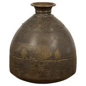 19th Century Brass Vessel with Abundant Etched Foliage Décor