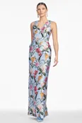 ADELLYN BLUE FLORAL MIKADO COLUMN GOWN