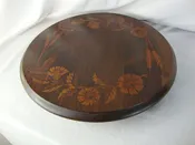 Vintage Dark Wood Flower Cattail Motif Lazy Susan Turntable