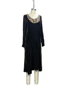 1920s Brown Silk Velvet Bias-Cut Embroidered Scoop Neck Evening Dress