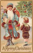 “A Merry Christmas” Blue Robed Santa With Child &amp; Toys, Vintage PC U22147