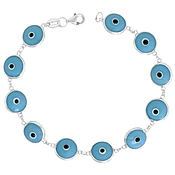 Sterling Silver LIGHT BLUE GLASS EVIL EYE BRACELET 7"