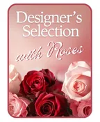 DESIGNER'S CHOICE WITH ROSES IN GLASS VASE