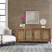 Marisol 74 Inch 4 Door Accent Tv Stand In Weathered Honey And Soft Wash Gray