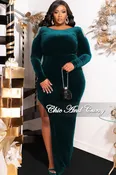 Available Online Only - Final Sale Plus Size Velvet Dress Gown with Fringe Rhinestone Shoulders and Side Slit Emerald Green