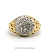 0.25ctw Diamond Kentucky Cluster Ring with Heart Scroll Filigree Sides in 10k Yellow Gold