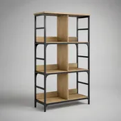 Bibliothèque étagère rectangulaire à 6 cases en acier et panneaux mélaminés, noir et chêne naturel, 80 × 30 × 180 cm