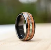 Abalone Shell and Wood Inlay Black Tungsten Wood Ring