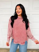 Acid Wash Ribbed Pullover Top - Winter Rose