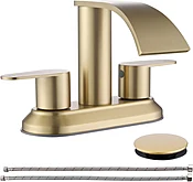 4 inch Centerset Bathroom Faucets Brushed Gold, Stainless Steel Gold Sink Faucet Bathroom with cUPC Supply Lines, Jodulos 2 Handle Waterfall Bathroom Sink Faucet with Pop Up Drain Stopper JU-DE-201-BG