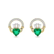 14K Gold Lab Grown Lab Emerald and Diamond Claddagh Drop Earrings
