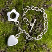 Bracelet, Sterling Silver, Large Link with Flower Toggle and Heart Charm, 6 1/2 inch