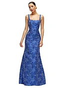 Cobalt Blue Floral Metallic Jacquard Square Neck Maxi Dress with Trumpet Skirt
