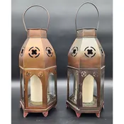 Pair Bronze Hexagon Metal Candle Lanterns w/ Glass Panels & Candles 18.5"