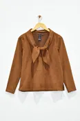 25" Tie Collar Long Sleeve Suede Top