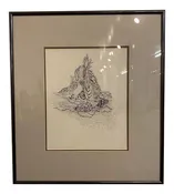 1960s Minimalist Abstract Line Pen Drawing by Ina Takashima, Framed