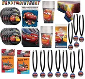 Cars Birthday Party Supplies Decoration Deluxe Bundle Pack for 16 Includes Plates, Cups, Napkins, Table Cover, Happy Birthday Banner, Party Invitations